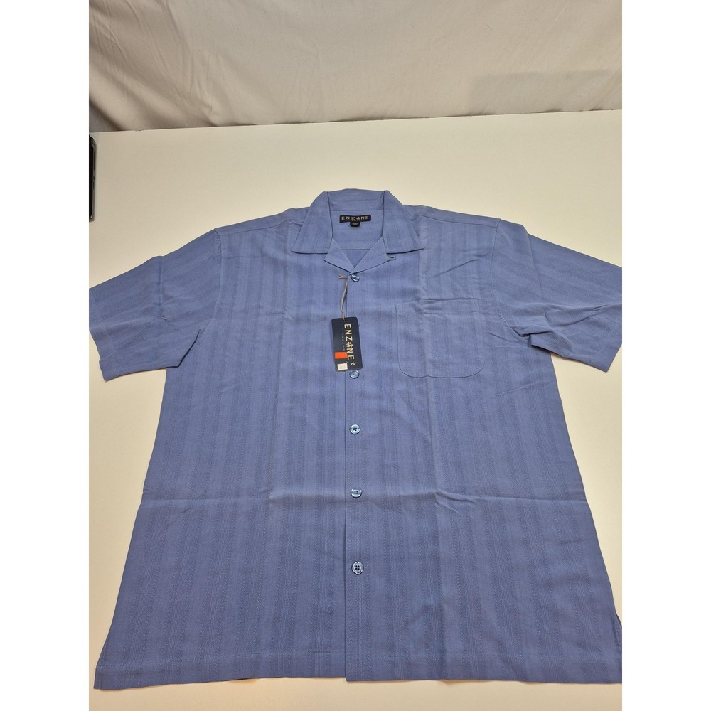 Enzone Island Silk Shirt Mens L Blue Stripe Short Sleeve Button Up Casual Summer